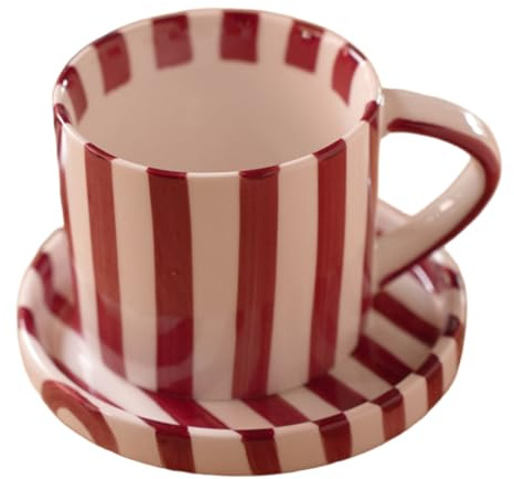 Ceramic Coffee Mug 200ml Red Striped Vintage Coffee Cup with Handle and Saucer Stylish Retro Tea Mug for Home Office Hot Drinks Water for Lovers