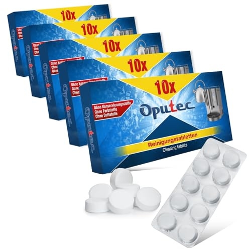 Oputec 5 x 10 Stück Reinigungstabletten für Kaffeevollautomaten Kaffeemaschinen Espressomaschinen: 50 Entfetter-Tabletten á 2g | Kompatibel zu Jura, Siemens, Saeco u.v.m.