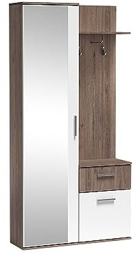Gaderobenschrank mit Spiegel Ankleide Flurschrank 97 cm Breit 1-Türig Sun Trüffel Eiche- Weiß