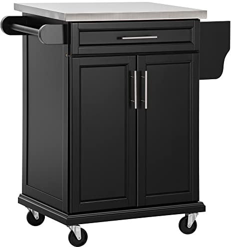 HOMCOM Wooden Kitchen Island on Wheels, Serving Cart Storage Trolley with Stainless Steel Top, Drawer, Side Handle and Rack, Black