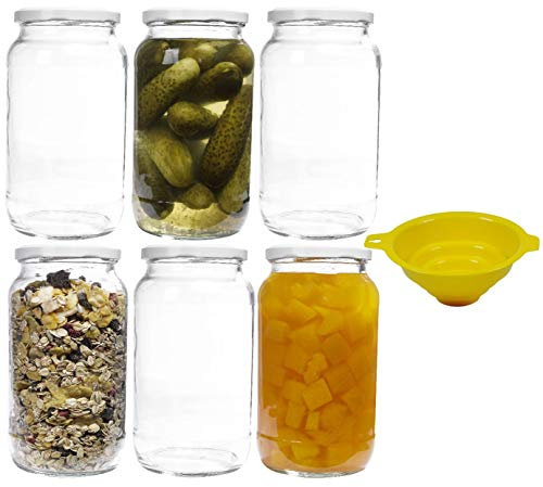 mikken 6 x Einmachglas 1 Liter mit Schraubverschluss Weiss, inkl. Trichter
