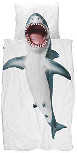 Snurk Bettwäsche Hai Blau Weiß Shark Kinder Meerestier Meer Fisch Flosse Zähne Wasser Baumwolle Perkal 135 cm x 200 cm