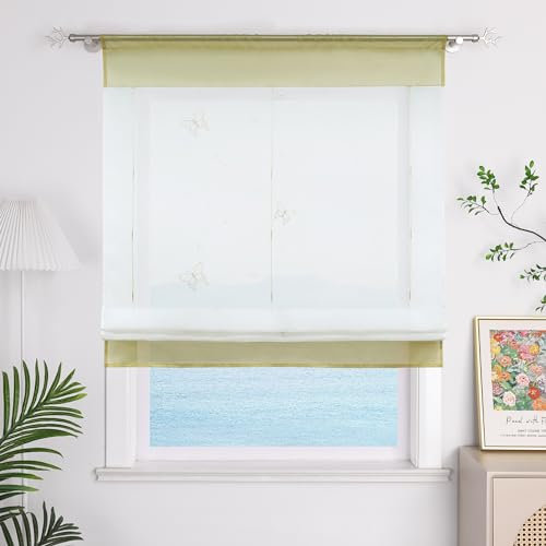 ESLIR Raffrollo Küche Raffgardine mit Tunnelzug Gardinen Transparent Bändchenrollo mit Schmetterling Bestickt Voile Sand BxH 80x140cm 1 Stück