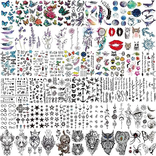 EGMBGM 66 Blätter 430+ Bunt Temporäre Tattoos Damen Herren Erwachsene, Aquarell Schmetterling Blume Lavendel Fake Tattoo Aufkleber Kinder Frauen, Schwarz Stern Tiere Klebe Tattoos Zum Aufkleben