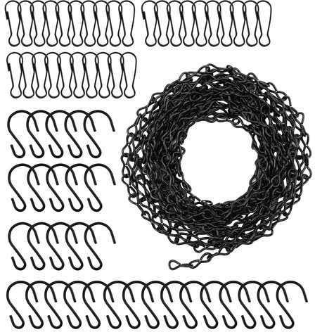 Suwimut Hanging Chains, Black Metal with 30 S Hooks and Clips for Bird Feeders, Planters, Billboards, Chalkboards, Wind Chimes, Lanterns, Outdoor Indoor Use