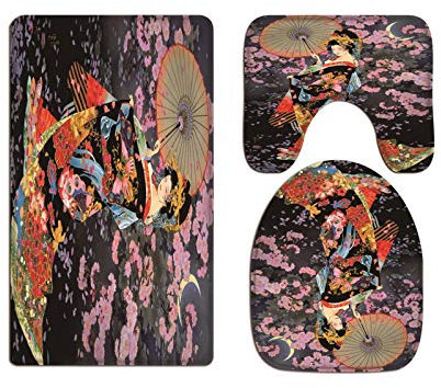 A.Monamour Badezimmer Badematte 3 Teilig Set Blumen Hintergrund Der Japanischen Frau Geisha Vintage Flanell WC Toilette Deckel Deckt Bad Matte Teppich Badteppiche Badvorleger Badgarnitur Vorleger