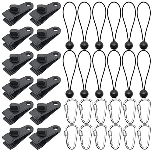 Heavy Duty Tarp Clips Set - 36 Pack with Lock Grip Thumb Screw Tent Clips, Carabiners, Ball Bungee Cords for Tarp, Canopy, Car, Boat, Pool Cover