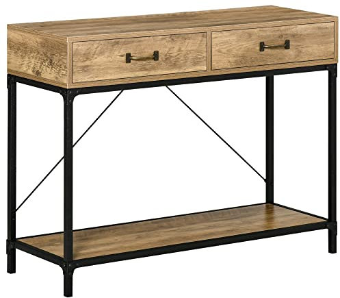 HOMCOM Table Console Table d'appoint d'entrée Industriel dim. 100L x 35l x 76H cm avec 2 tiroirs et 1 Plateau Aspect Bois