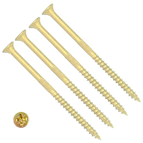 TERF High Performance Wood Screw 6.0 X 100mm Pozi Drive Flat Countersunk Double Head Screws 6.0 X 100mm For Hardest Hard Wood Fence Floorboard Hard and Softwood - Pack of 10, Zinc Yellow