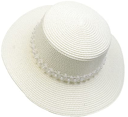JK Home Pliable Chapeau de Soleil Femme Panama en Paille Capeline Large Bord avec Ruban Mariage Plage Crème Blanc