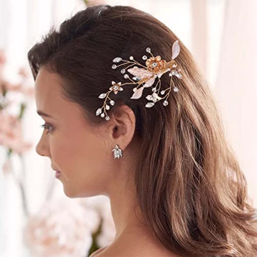 Bufenia Pinces à cheveux de mariage avec fleurs Pinces à cheveux avec perles Coiffure avec strass Feuilles Accessoires de cheveux de mariage pour femmes et filles (Or)