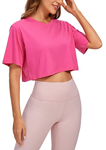CRZ YOGA Femme Coton Pima Sports T-Shirt Col Rond Hauts Courts de Yoga Running Respirant et Confort À Manches Courtes Rose Sonique 40