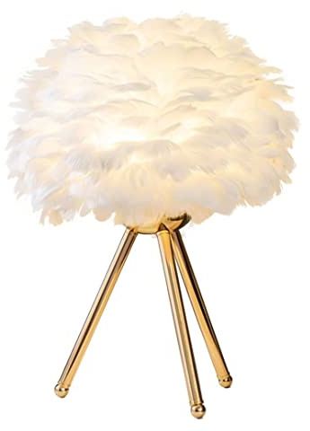 DUNMW White Feather Table Lamp Bedside Lamp with Elegant Golden Support Rod Feather Table Light Decorative Feather Table Lamp for Bedroom, Living Room