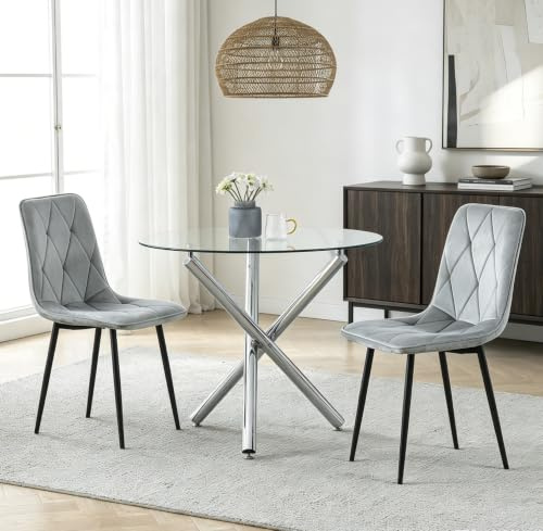 Menaka Round Dining Table and Chairs Set of 4 for Kitchen Diner, 5 Pieces Oak Wood Table with 4 Chairs for Compact Dinette Restaurant (2 argyle grid grey velvet chairs, 90cm Clear Glass Table)