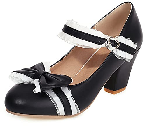 Women Block Heel Mary Jane Shoes, High Heel Pumps Round Toe Buckle Party Shoes Bows Fashion Hxhfpq Black Size 6 Uk/40