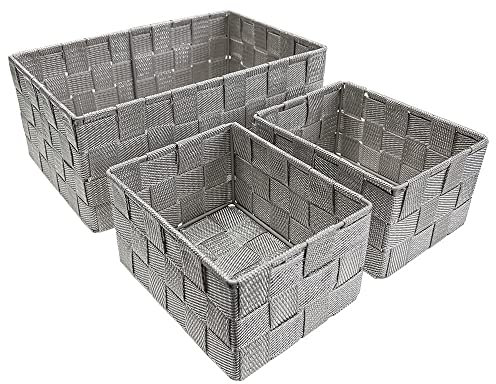 Murago - 3er Set Aufbewahrungskorb geflochten - Badezimmer Regalkorb Büro Küche Aufbewahrungsbox Grau Silber-farbig mittelgroß klein Glitzer