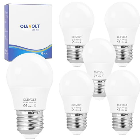 OLEVOLT E27 LED Glühbirne Warmweiss Dimmbar, 5 Watt Ersetzt 40 Watt, P45/G45 Led E27 Leuchtmittel 550 Lumen, 3000 Kelvin LED Glühlampen, 120° Abstrahlwinkel Energiesparlampe, 6 Stück