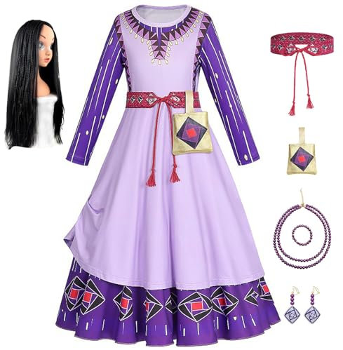 YOSICIL Asha Wish Kostüm für Mädchen Kinder lila Kleid mit Perücke Tasche Gürtel Ohrring Halskette Prinzessin Kleider für Verkleidung COSPLAY Geschenk Karneval, 120