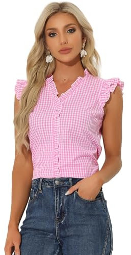 Allegra K Chemise à Carreaux Femme Haut Vintage Classique Manches Capes Blouse à Volants Chemisier Col en V d'Été Rose M