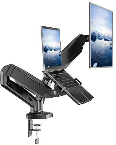 WALI Laptop Mount for Desk, Monitor Arm Mount for 17-32”Computer Screen and 11.6 - 17.3 Notebook,Dual Monitor Mount Holds up to 19.8lbs, Laptop Tray Stand with Gas Spring Arm (GSMP002LP), Black