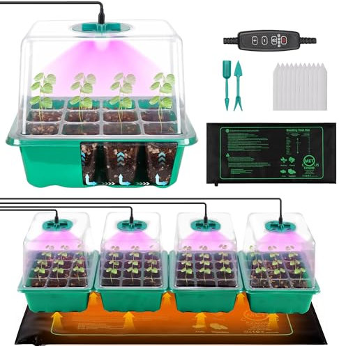 Erogeen 4-Pack Seed Starter Tray with Grow Light and Heat Mat, 48 Cells Seed Starter Kit with Adjustable Humidity Dome and Base, Germination Kit for Seed Growing Plant Propagation (4 Pack)