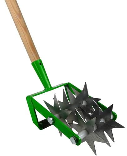 Rotary Soil Cultivator, 2-in-1 Hand Tool - Soil Rejuvenator and Weed Remover, Steel Rotary Hand Soil Scarifier Cultivator Head with Wooden Handle, 14.5 cm / 5.7″ Wide, Gardening and Farming Tool