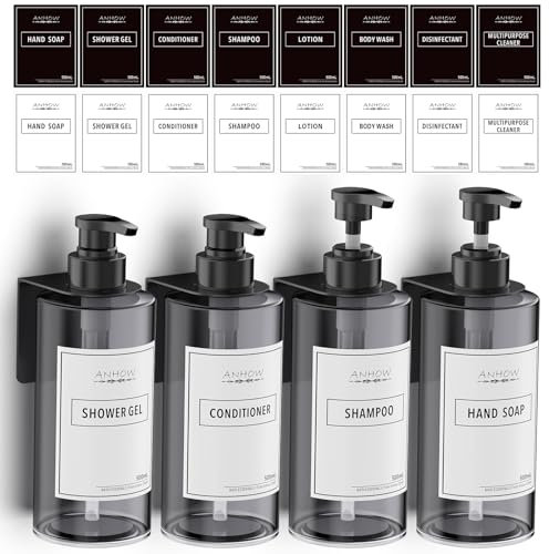 Anhow 4 Pezzi Dispenser Sapone Bagno, 500ml Dispenser Doccia Muro di Liquido per Doccia Bagno Cucina Shampoo Bagnoschiuma - Grigio