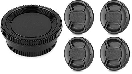 Lot de 4 bouchons d'objectif de 58 mm avec bouchon d'objectif et trou de laisse pour appareil photo reflex numérique et 1 lot de cache-corps en plastique noir + bouchon d'objectif arrière pour
