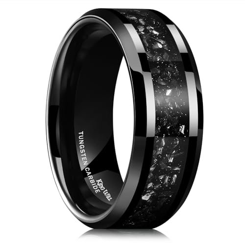 King Will Men's Wedding Band 8mm Black Plated Tungsten Wedding Ring for Men with Vibrant Silver Meteorite Glitter Inlays Comfort Fit| Galaxy Collection S(9.5)