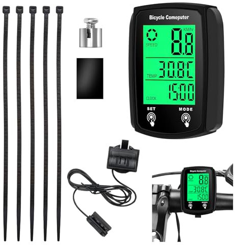 Vidacharmy Computer da bicicletta digitale, Contachilometri Bici, 19 Funzioni IP54 Impermeabile con LCD, Contachilometri Automatico Cablato, per Bicicletta, Ciclismo, Distanza di Tracciamento,Velocità