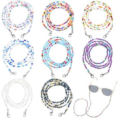 Tyqour 8 Stück Perlen Brillenkette Damen, Brillenhalter Sonnenbrillen Brillen Kette, Bunte Edelstein Brillenband Maskenkette Perlen Anti-Rutsch Brillenschnur für Lesebrillen Brillen Zubehör