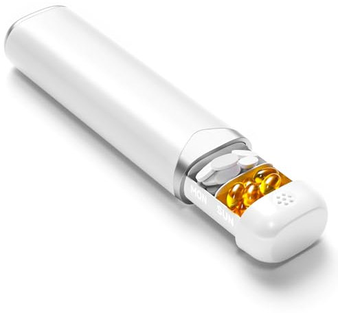 OWLMATE Tablettenbox 7 Tage, Supplement Box, Pillendose, Nahrungsergänzungsmittel, Medikamente, Pillen, Tabletten Organizer für Unterwegs (weiß+silber)