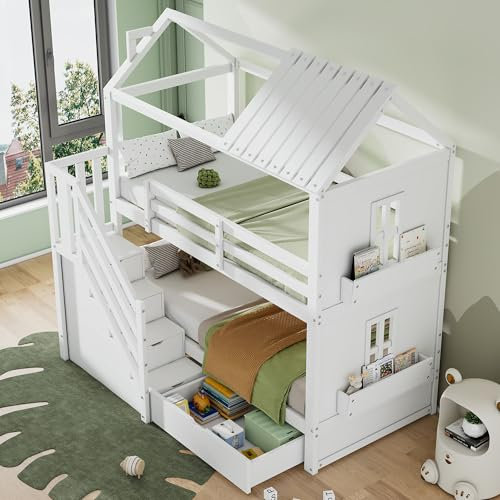 Zravenna Kinder Hochbett 90 * 200cm, Multifunktionsbett Kinderbett mit Stauraumtreppe und Schubladen Regalen, Etagenbett mit großer Stauraum, Kiefer + MDF, Weiß