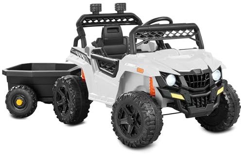 Best Choice Products Kids 12V Electric Ride On UTV Car and Trailer w/Parent Control, LED Lights, 2 Speeds, Bluetooth - White