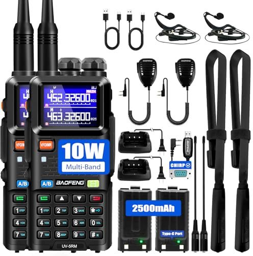 BAOFENG 5RM Ham Radio 10W Long Range Handheld NOAA Weather Receiver 2500mAh Battery UV-5RM Radio with Programming Cable,Speaker Mic,Tactical Antenna,Type-C Charging,2Pack