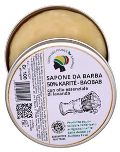 Rasierseife 50% Shea & Baobab mit ätherischem Lavendelöl (100 g), handgefertigt aus Kaltteig, cremig und feuchtigkeitsspendend, von Hand geschnitten.