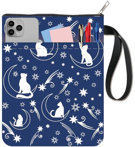 CRASPIRE Copertine per Libri Cat Book Protector Moon Book Sleeve Blu per Libri Tascabili Copertina per Libri in Tessuto Lavabile con Cerniera e Tasca Extra per Gli Amanti dei Libri Regali