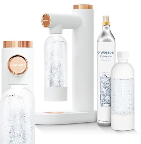 Wessper Wassersprudler, Sprudelwasser Maschine, Set 800ml Wasser Sprudel PET- Flaschen BPA-Frei & 60L CO2 Zylinder | Trinkwassersprudler Water Carbonator Pro | Weiß