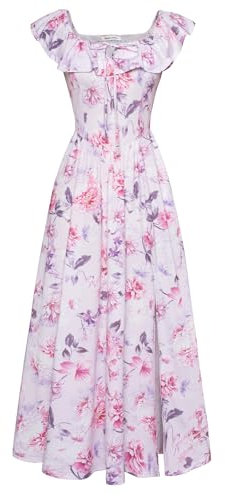 GRACE KARIN Ladies Purple Floral Dresses Elegant Summer Ruffles A-line Slit Going Out Wedding Guest Dress CL0213-04/purple Pink Flowers S