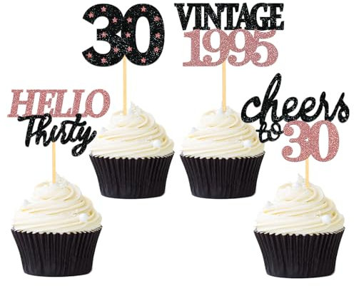 24 PCS Rose Gold Glitter 30th Birthday Cupcake Toppers for Celebrating Thirty Years Old Birthday Party Decorations for 30th Anniversary Party Supplies (Black&Rose Gold)