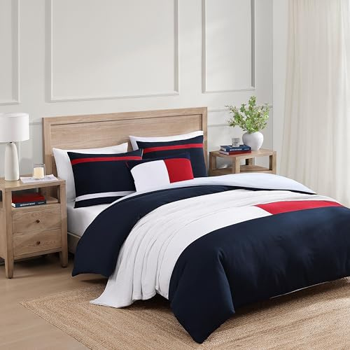 Tommy Hilfiger - Queen Duvet Cover Set, Cotton Rich Seersucker Bedding with Matching Shams, Button Closure & Corner Ties, Americana Decor (Iconic Anniversary Red/White/Blue)