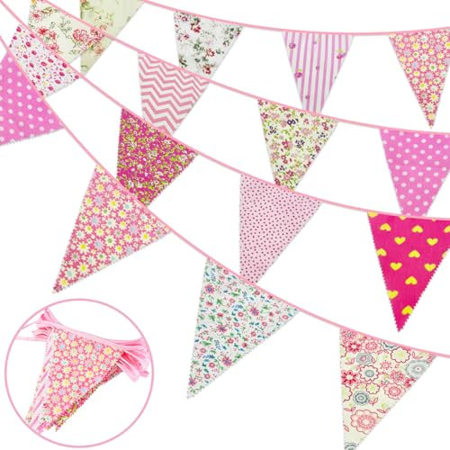 Lot de 26 fanions en tissu vintage pour décoration de fête, anniversaire, thé de l'après-midi, Pâques et fête des mères - Rose - 10 m