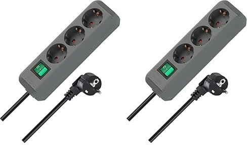 Brennenstuhl Eco-Line, Steckdosenleiste 3-Fach (Mehrfachsteckdose mit erhöhtem Berührungsschutz, Schalter und 1,5 m Kabel) Silbergrau (Packung mit 2)