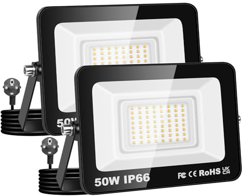 AUXTINGS 2 Pack Projecteur d'extérieur 50W,Sécurité projecteur 5000lm avec prise 230V,IP66 étanchéité lampe de travail extérieure, 4000K éclairage extérieur blanc chaudpour cour patio parking jardin