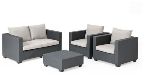 Allibert Gartenmöbel Set Loungeset in Rattan Optik 2 Gartenstühle Gartensofa Gartentisch Loungemöbel Set Gartenlounge Salta Gartenset Tisch 2-Sitzer und Stühle mit Kissen wetterfest Anthrazit