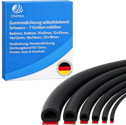 Onpira® Gummidichtung selbstklebend Schwarz – 7 Größen wählbar 8x6mm, 9x8mm, 10x8mm, 12x10mm, 14x12mm, 16x14mm, 20x18mm – Türdichtung, Fensterdichtung, Dichtungsband für Türen, Fenster, Auto &Haushalt