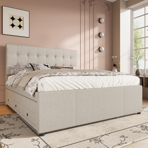 BXEYXE Polsterbett. 140x200cm. Doppelbett. Familienbett. Ehebett mit DREI Schubladen. ausziehbares Bett. Verstellbares Kopfteil. Ohne Matratze. Beige