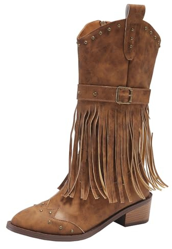 DFSDJEUW black cowboy boots for women Girls Cowboy Boots Wide Calf Ankle Booties Waterproof Side Zipper/Pull on Short Boot Comfortable Warm Chunky Heel Mid Booties womens western Brown 6