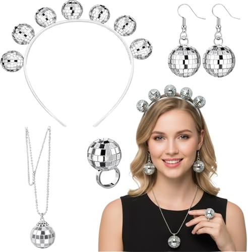 JqruiTbeis 4-teiliges Set mit Discokugel Haarreif, Disco Outfit Damen,Discokugel Ohrringen, Discokugel Halskette und Discokugel Ring, 70er 80er Retro Kostüm für Partys und Festivals