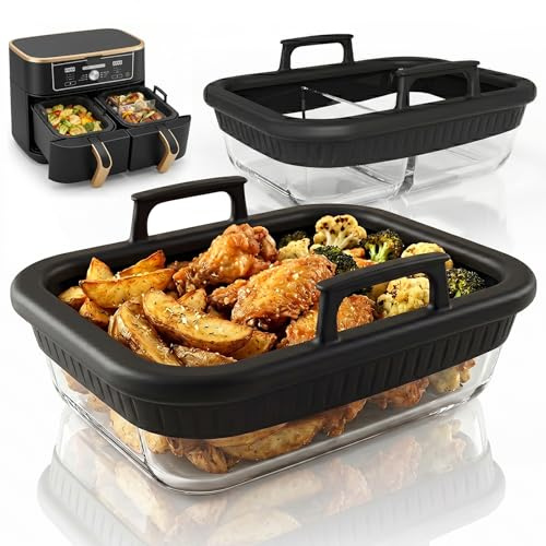 Auflaufform für Ninja Airfryer, 2er Set Glasform mit abnehmbaren Silikon-Griffen, Hitzebeständig, BPA-frei, Spülmaschinenfest, Zubehör passend für Ninja Dual Zone AF400EU, AF451EU, SL400EU & Cosori